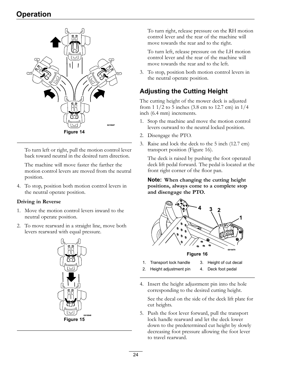 Operation, Adjusting the cutting height | Exmark Mower Pioneer E-Series 4500-996 Rev A User Manual | Page 24 / 52