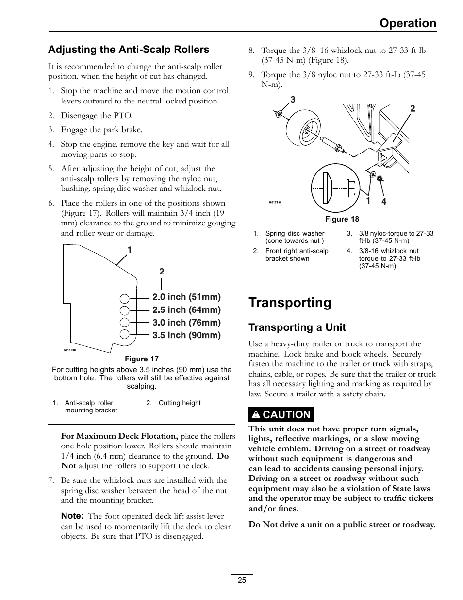 Transporting, Operation, Adjusting the anti-scalp rollers | Transporting a unit, Caution | Exmark Mower Pioneer E-Series 4500-996 Rev A User Manual | Page 25 / 52