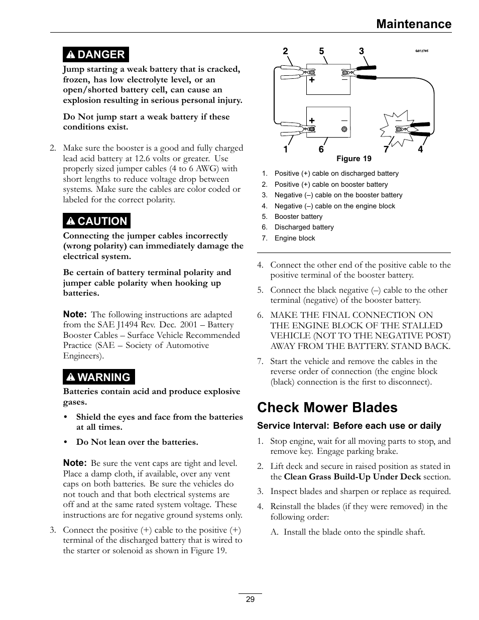 Check mower blades, Maintenance, Danger | Caution, Warning | Exmark Mower Pioneer E-Series 4500-996 Rev A User Manual | Page 29 / 52