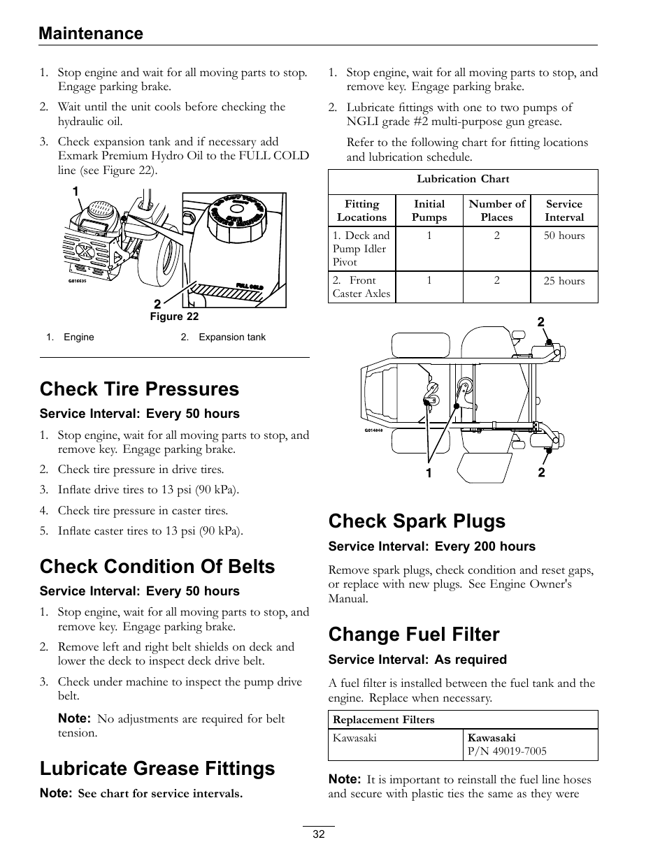 Check tire pressures, Check condition of belts, Lubricate grease fittings | Check spark plugs, Change fuel filter, Maintenance | Exmark Mower Pioneer E-Series 4500-996 Rev A User Manual | Page 32 / 52