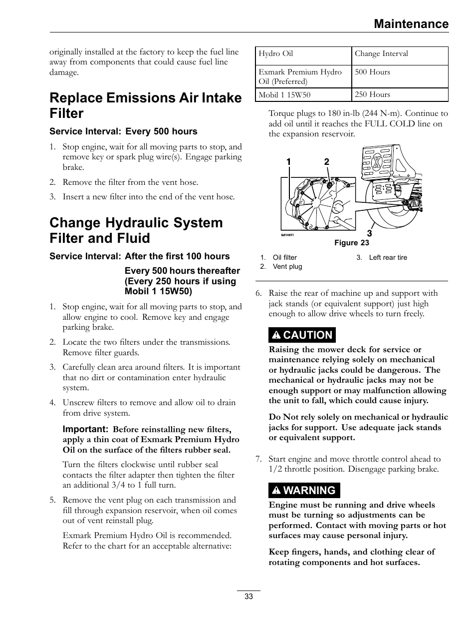 Fluid, Replace emissions air intake filter, Change hydraulic system filter and fluid | Maintenance | Exmark Mower Pioneer E-Series 4500-996 Rev A User Manual | Page 33 / 52