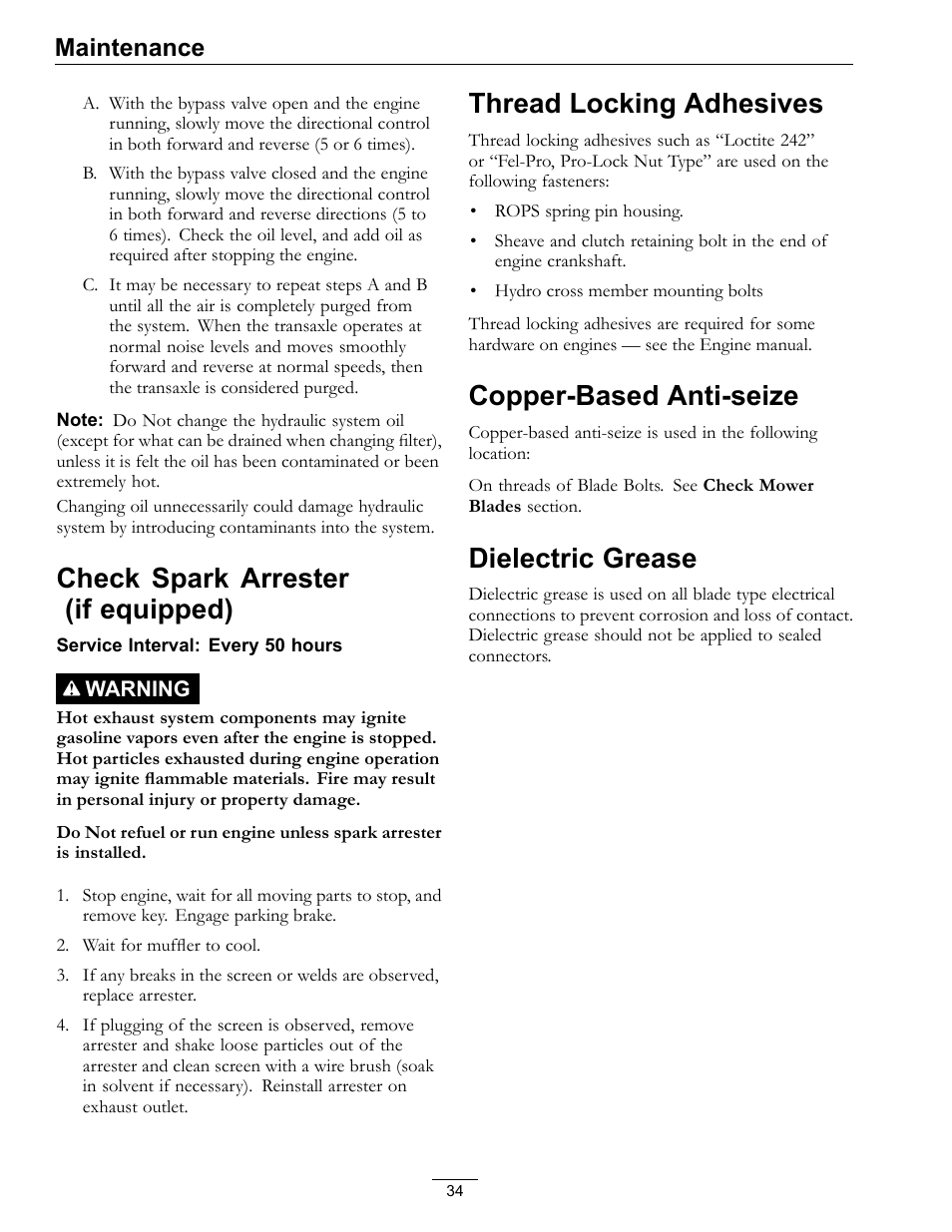 Check spark arrester (if equipped), Thread locking adhesives, Copper-based anti-seize | Dielectric grease, Maintenance | Exmark Mower Pioneer E-Series 4500-996 Rev A User Manual | Page 34 / 52