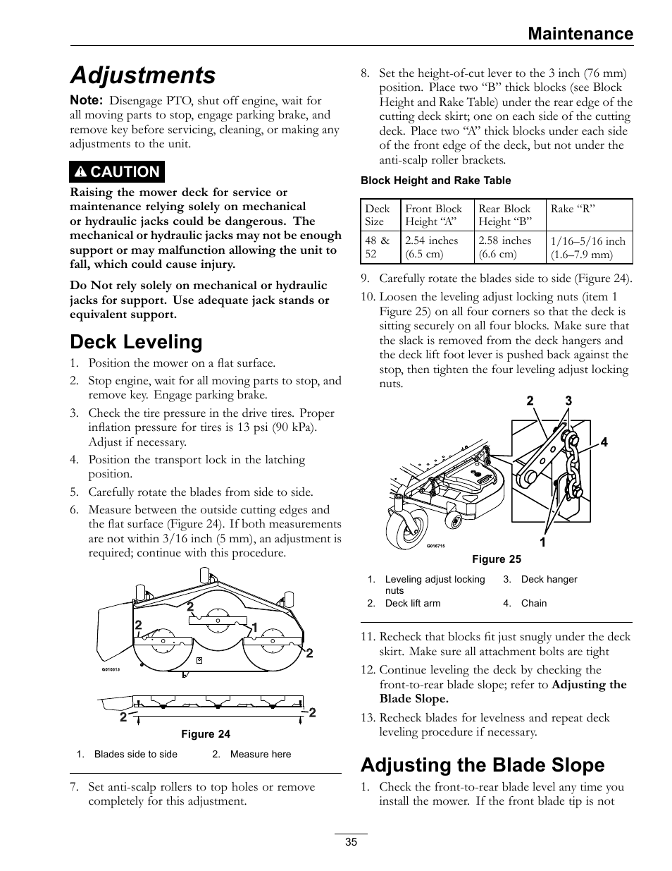 Adjustments, Deck leveling adjusting the blade slope, Deck leveling | Adjusting the blade slope, Maintenance, Caution | Exmark Mower Pioneer E-Series 4500-996 Rev A User Manual | Page 35 / 52