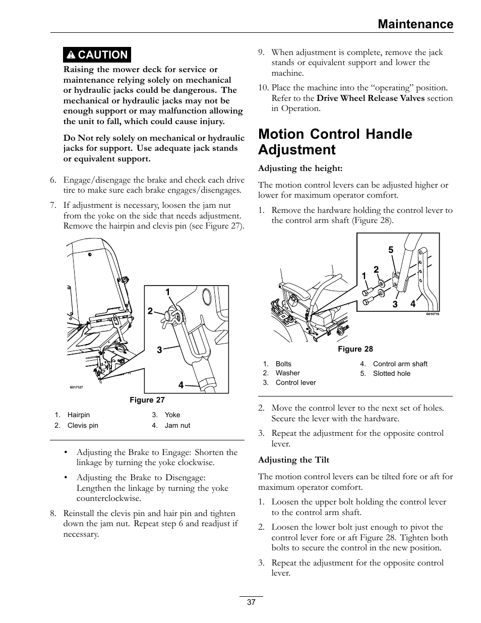 Motion control handle adjustment, Maintenance, Caution | Exmark Mower Pioneer E-Series 4500-996 Rev A User Manual | Page 37 / 52