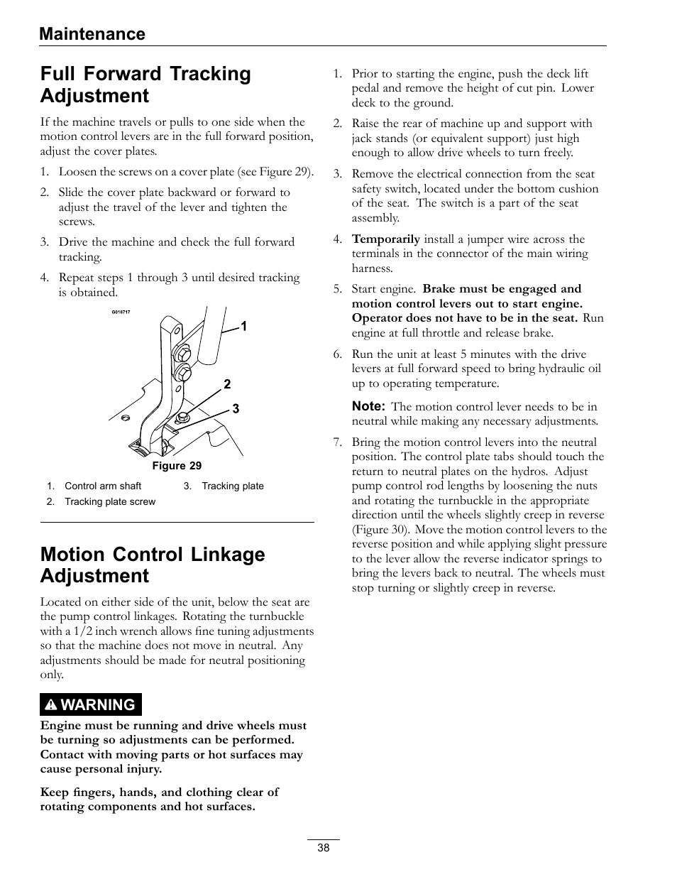 Full forward tracking adjustment, Motion control linkage adjustment, Maintenance | Exmark Mower Pioneer E-Series 4500-996 Rev A User Manual | Page 38 / 52