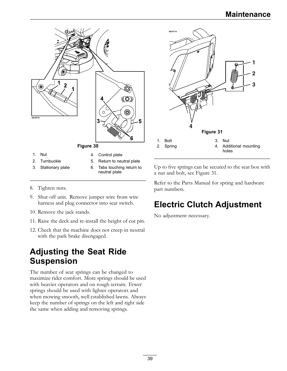 Figure 30, Adjusting the seat ride suspension, Electric clutch adjustment | Maintenance | Exmark Mower Pioneer E-Series 4500-996 Rev A User Manual | Page 39 / 52