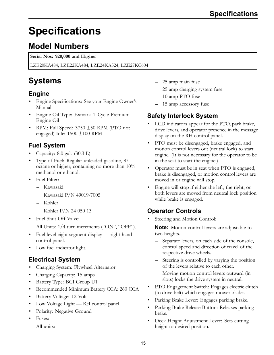 Specifications, Model numbers systems, Model numbers | Systems | Exmark Lazer Z 4500-872 User Manual | Page 15 / 56