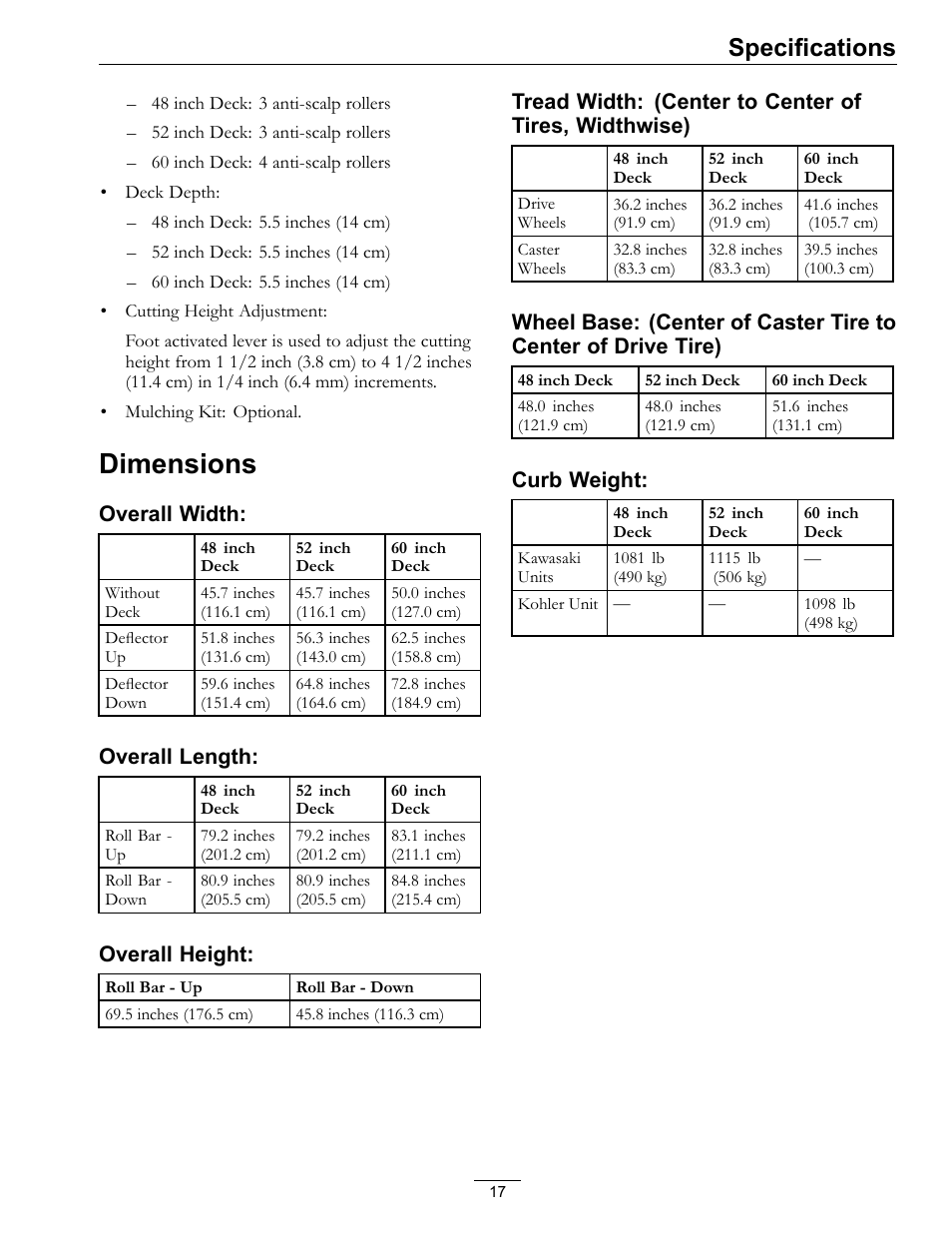 Dimensions, Specifications | Exmark Lazer Z 4500-872 User Manual | Page 17 / 56