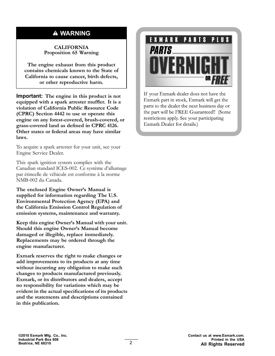 Warning | Exmark Lazer Z 4500-872 User Manual | Page 2 / 56