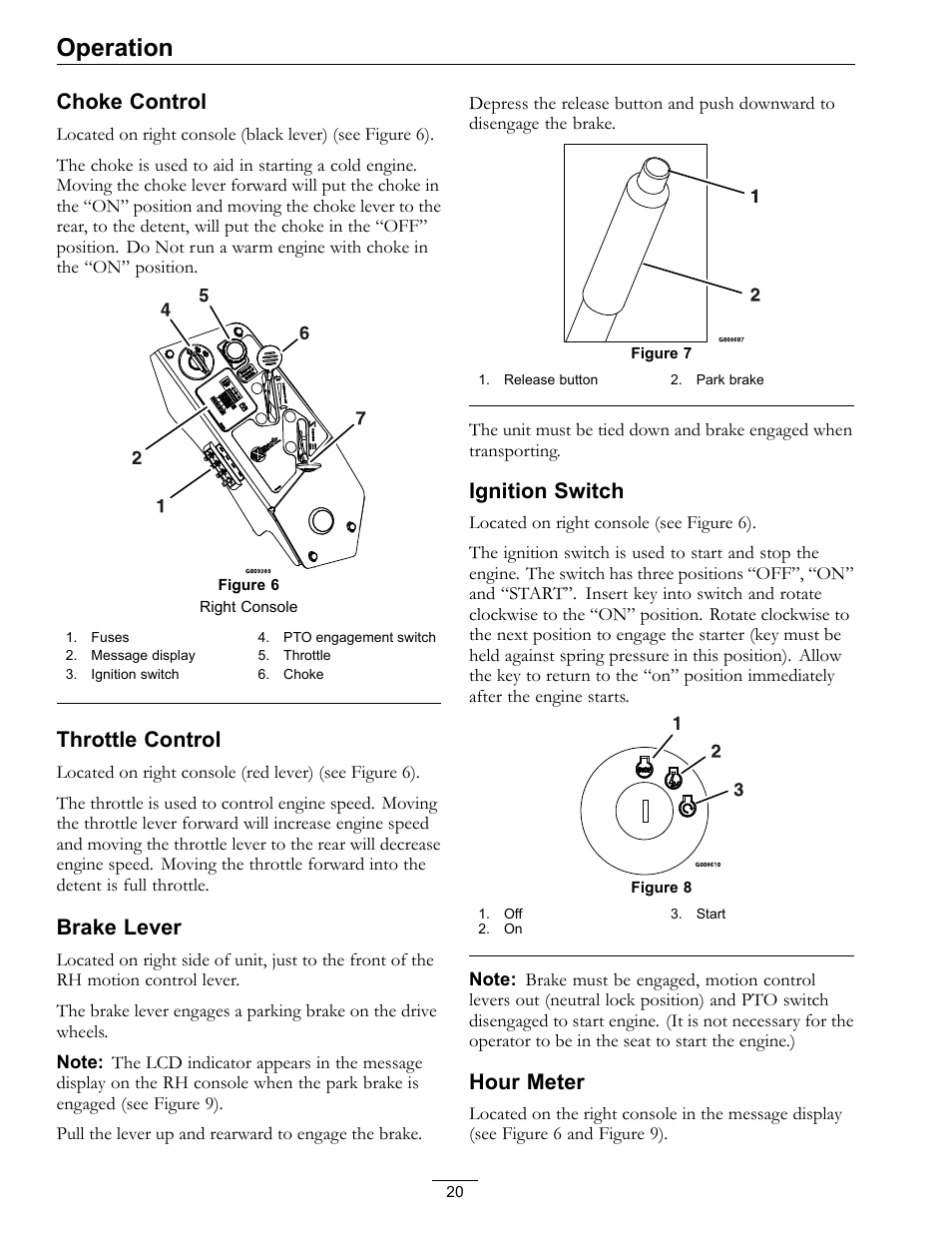 Operation, Choke control, Throttle control | Brake lever, Ignition switch, Hour meter | Exmark Lazer Z 4500-872 User Manual | Page 20 / 56