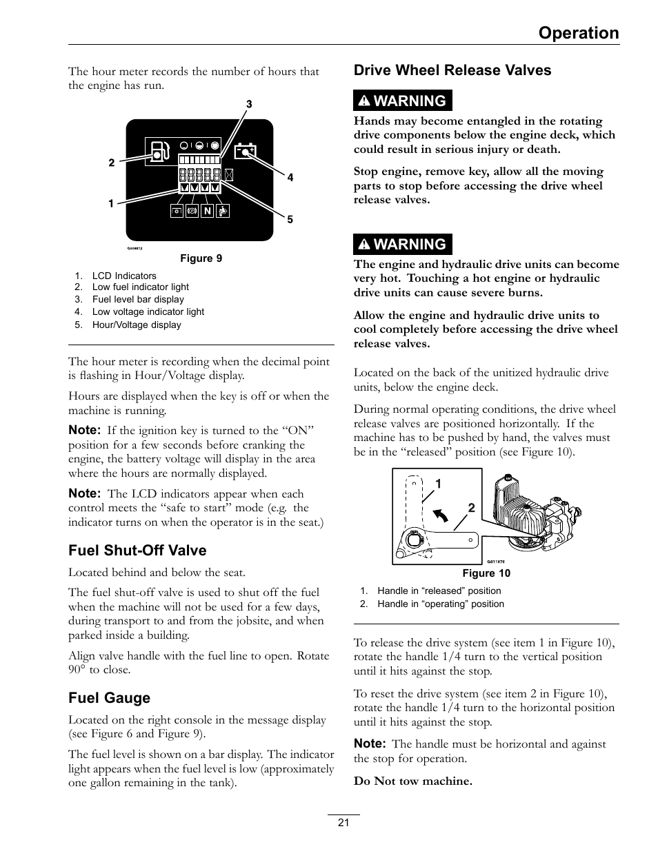 Figure 9, Figure 9), Operation | Fuel shut-off valve, Fuel gauge, Drive wheel release valves warning, Warning | Exmark Lazer Z 4500-872 User Manual | Page 21 / 56