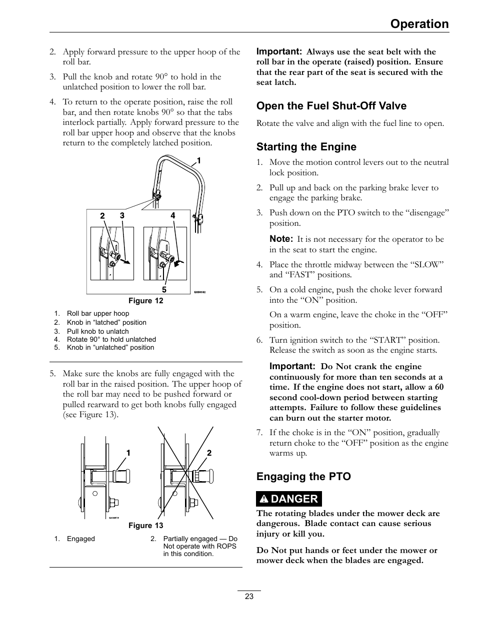 Figure 12, Operation, Open the fuel shut-off valve | Starting the engine, Engaging the pto danger | Exmark Lazer Z 4500-872 User Manual | Page 23 / 56