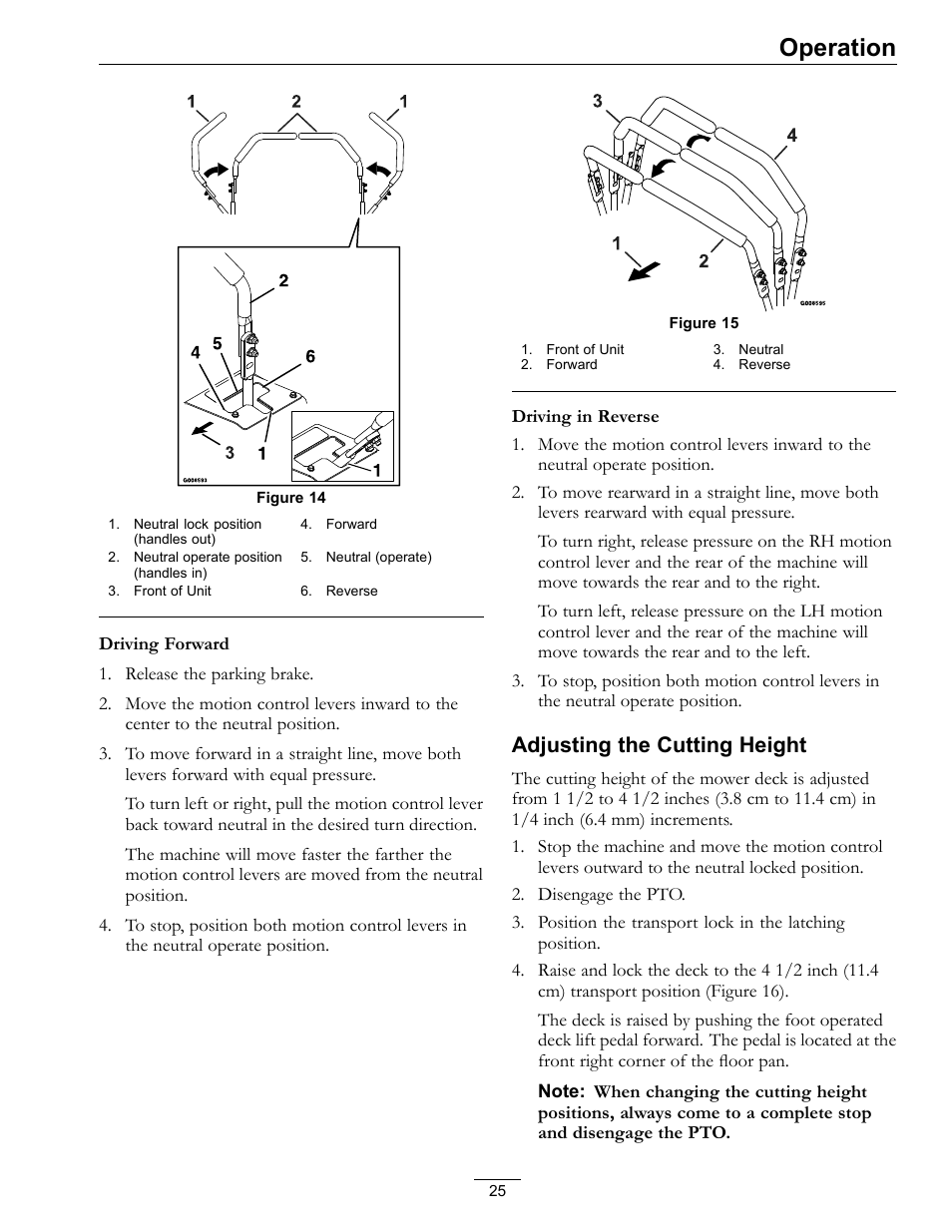 Operation, Adjusting the cutting height | Exmark Lazer Z 4500-872 User Manual | Page 25 / 56