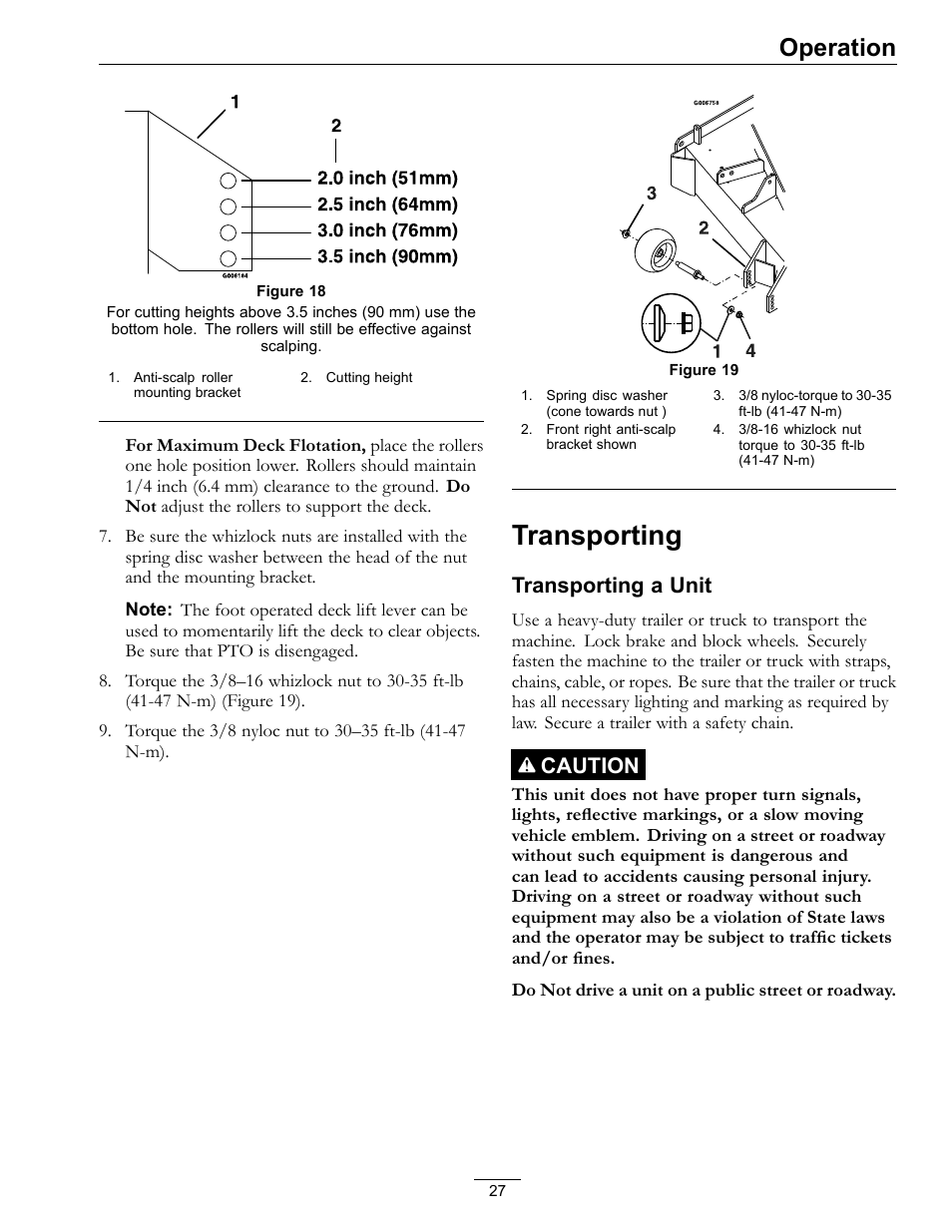 Transporting, Operation, Transporting a unit | Caution | Exmark Lazer Z 4500-872 User Manual | Page 27 / 56