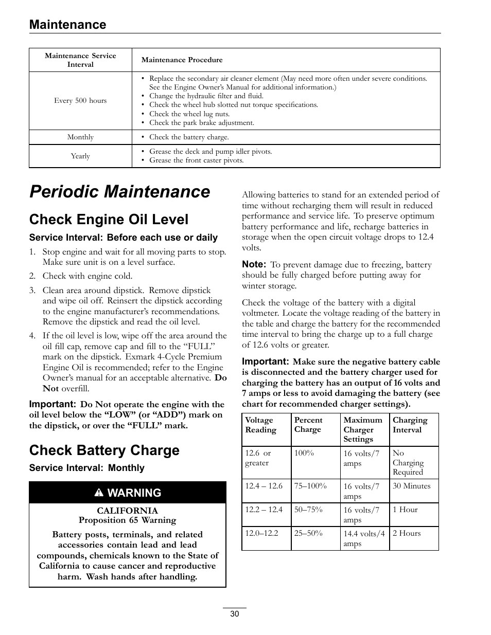 Periodic maintenance, Check engine oil level check battery charge, Check engine oil level | Check battery charge, Maintenance | Exmark Lazer Z 4500-872 User Manual | Page 30 / 56