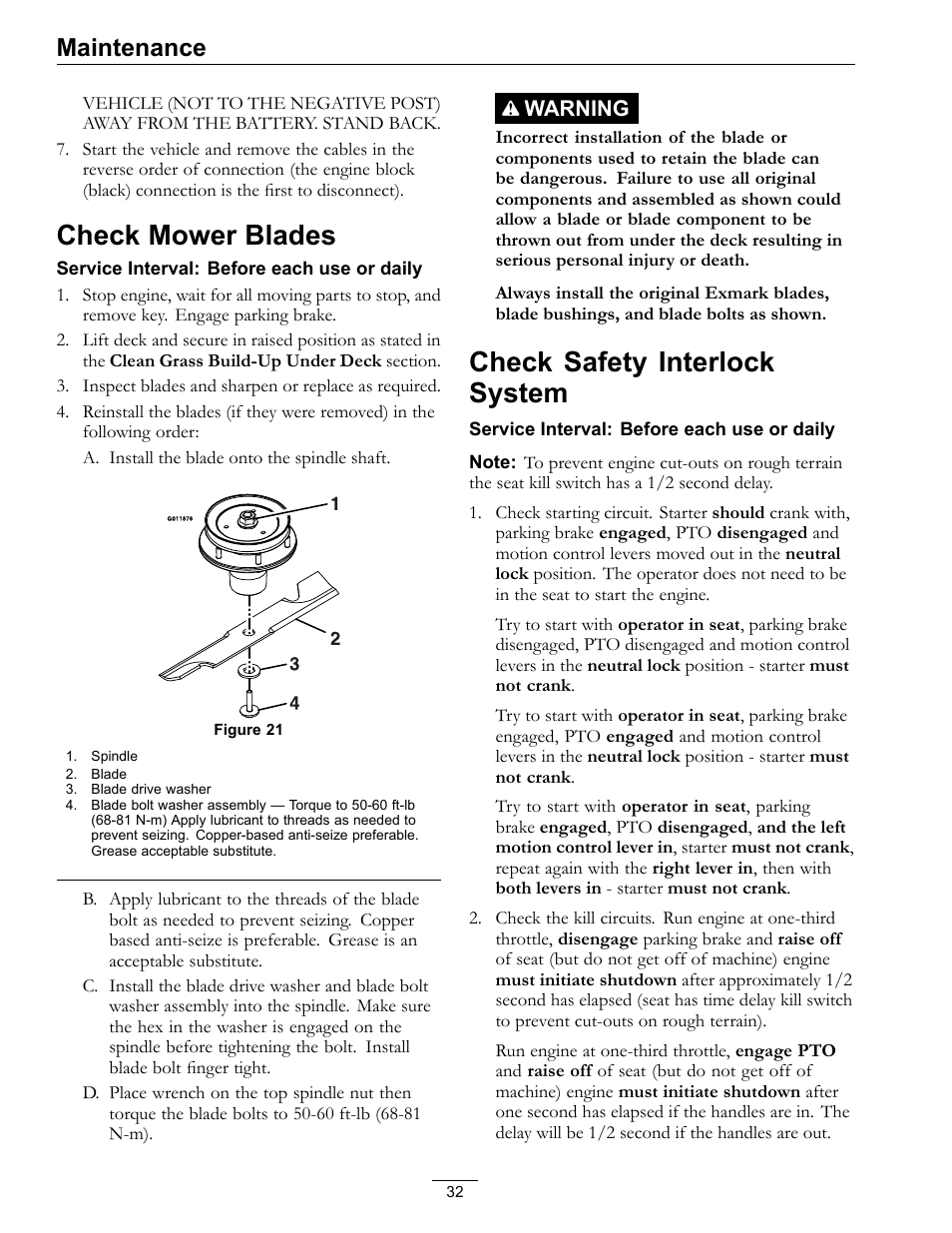 Check mower blades check safety interlock system, Check mower blades, Check safety interlock system | Maintenance, Warning | Exmark Lazer Z 4500-872 User Manual | Page 32 / 56