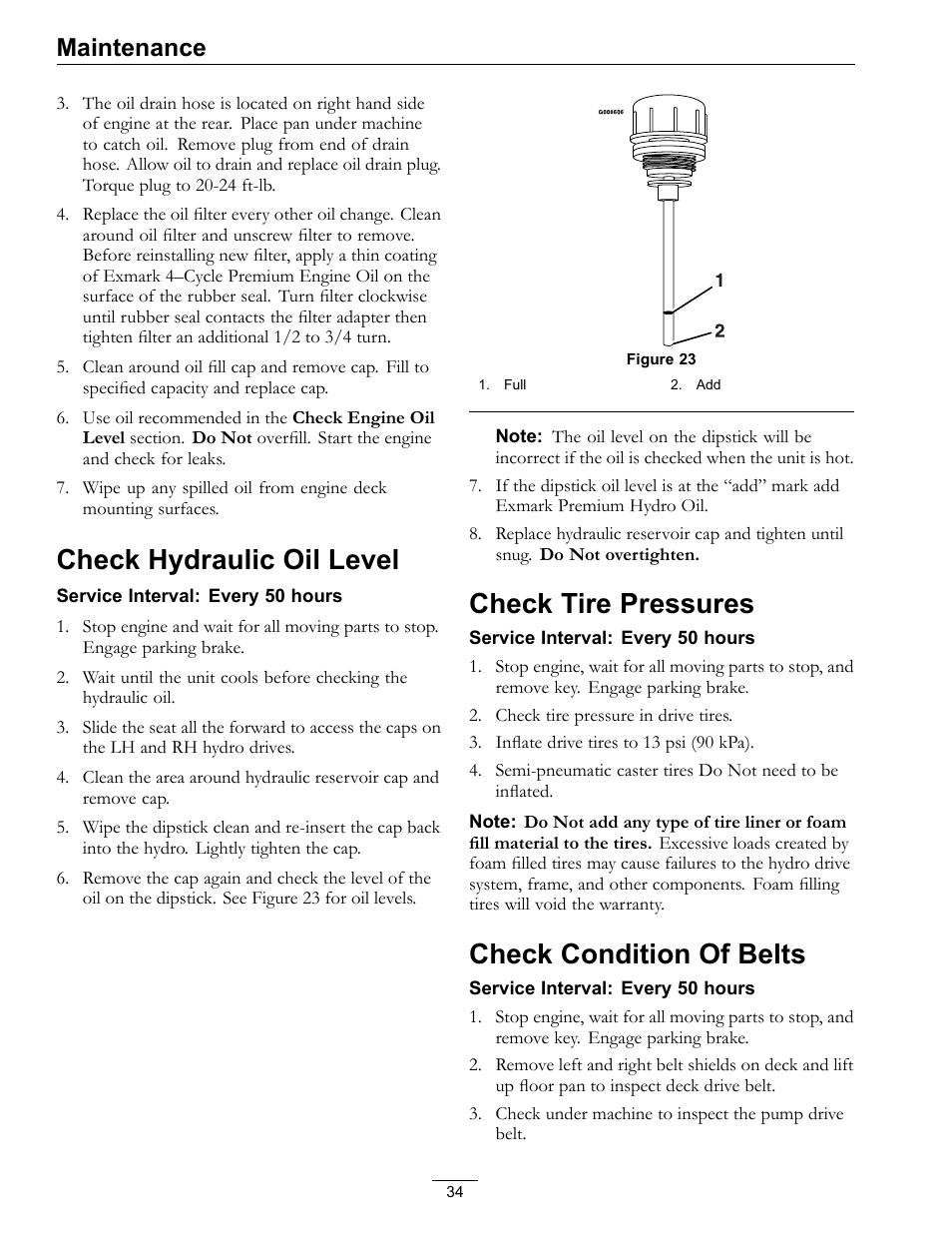 Check hydraulic oil level, Check tire pressures, Check condition of belts | Maintenance | Exmark Lazer Z 4500-872 User Manual | Page 34 / 56