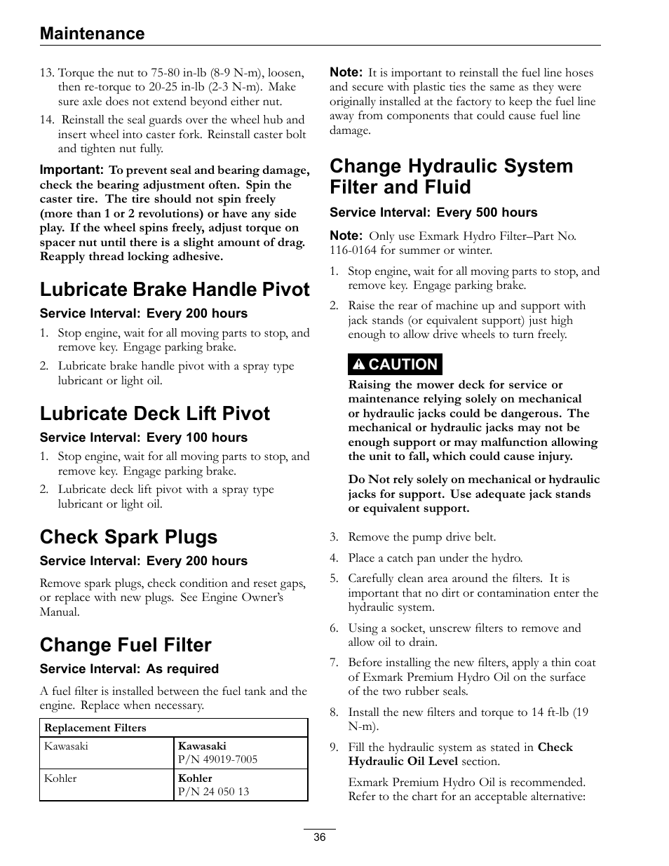 Fluid, Lubricate brake handle pivot, Lubricate deck lift pivot | Check spark plugs, Change fuel filter, Change hydraulic system filter and fluid, Maintenance | Exmark Lazer Z 4500-872 User Manual | Page 36 / 56