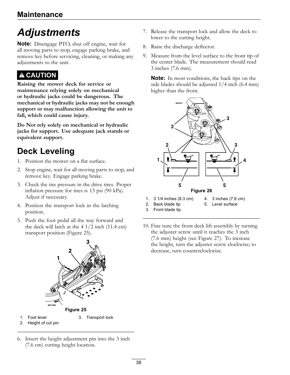 Adjustments, Deck leveling, Maintenance | Caution | Exmark Lazer Z 4500-872 User Manual | Page 38 / 56
