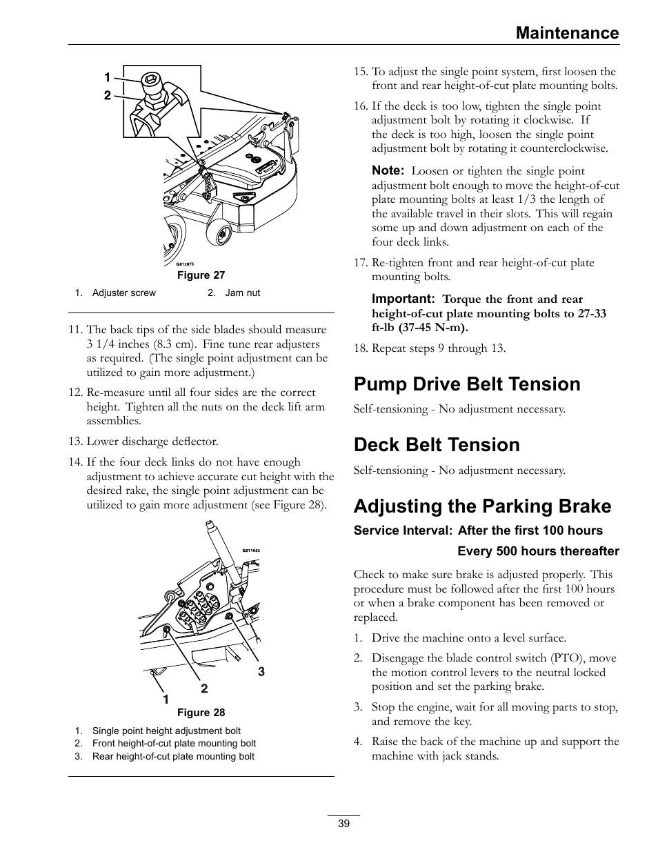 Pump drive belt tension, Deck belt tension, Adjusting the parking brake | Maintenance | Exmark Lazer Z 4500-872 User Manual | Page 39 / 56