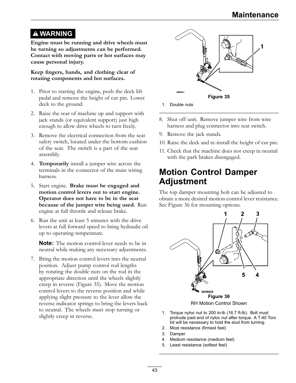 Motion control damper adjustment, Maintenance, Warning | Exmark Lazer Z 4500-872 User Manual | Page 43 / 56