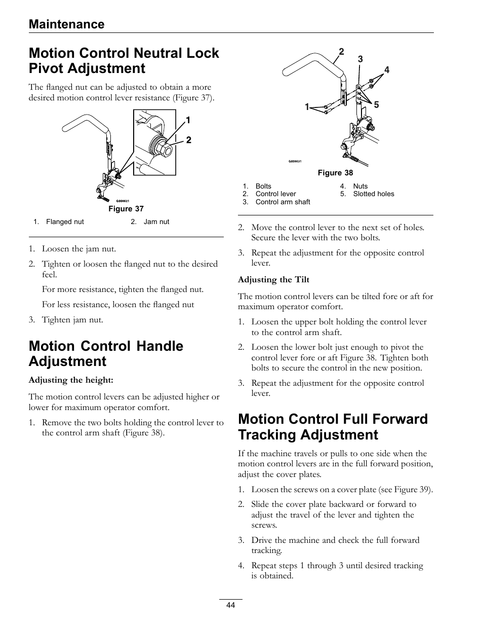 Motion control neutral lock pivot, Adjustment, Motion control neutral lock pivot adjustment | Motion control handle adjustment, Motion control full forward tracking adjustment, Maintenance | Exmark Lazer Z 4500-872 User Manual | Page 44 / 56