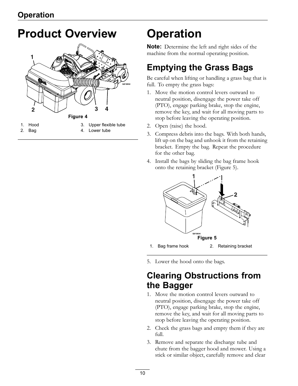Product overview operation, Bagger, Product overview | Emptying the grass bags, Clearing obstructions from the bagger, Operation | Exmark Quest Bagger 4500-438 rev. a User Manual | Page 10 / 24