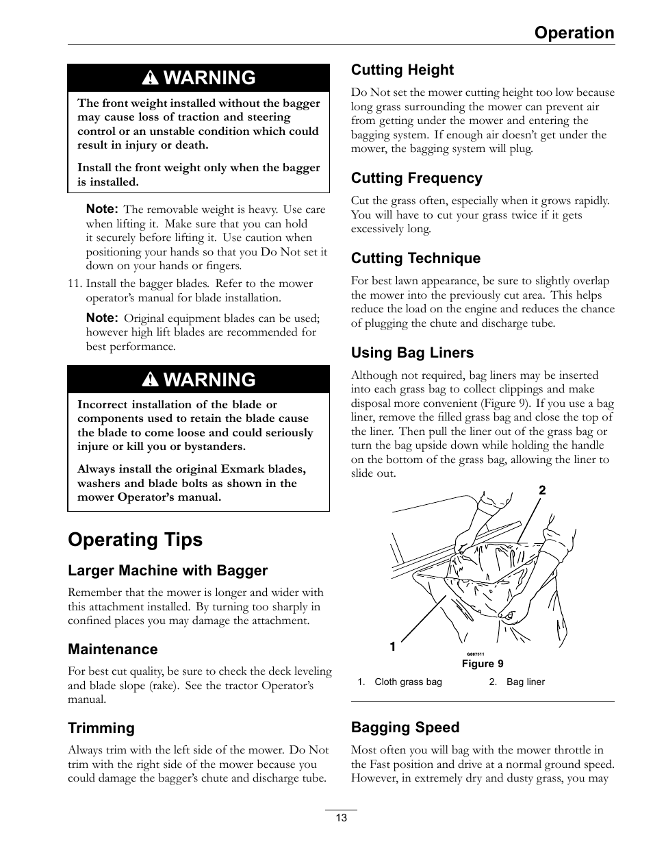 Operating tips, Warning, Operation | Exmark Quest Bagger 4500-438 rev. a User Manual | Page 13 / 24