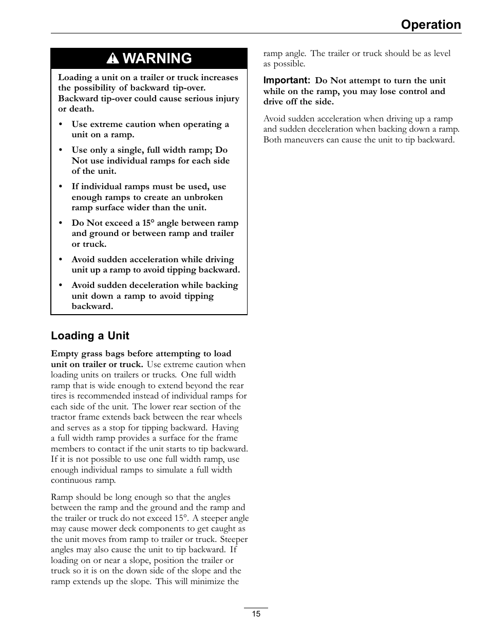 Warning, Operation | Exmark Quest Bagger 4500-438 rev. a User Manual | Page 15 / 24