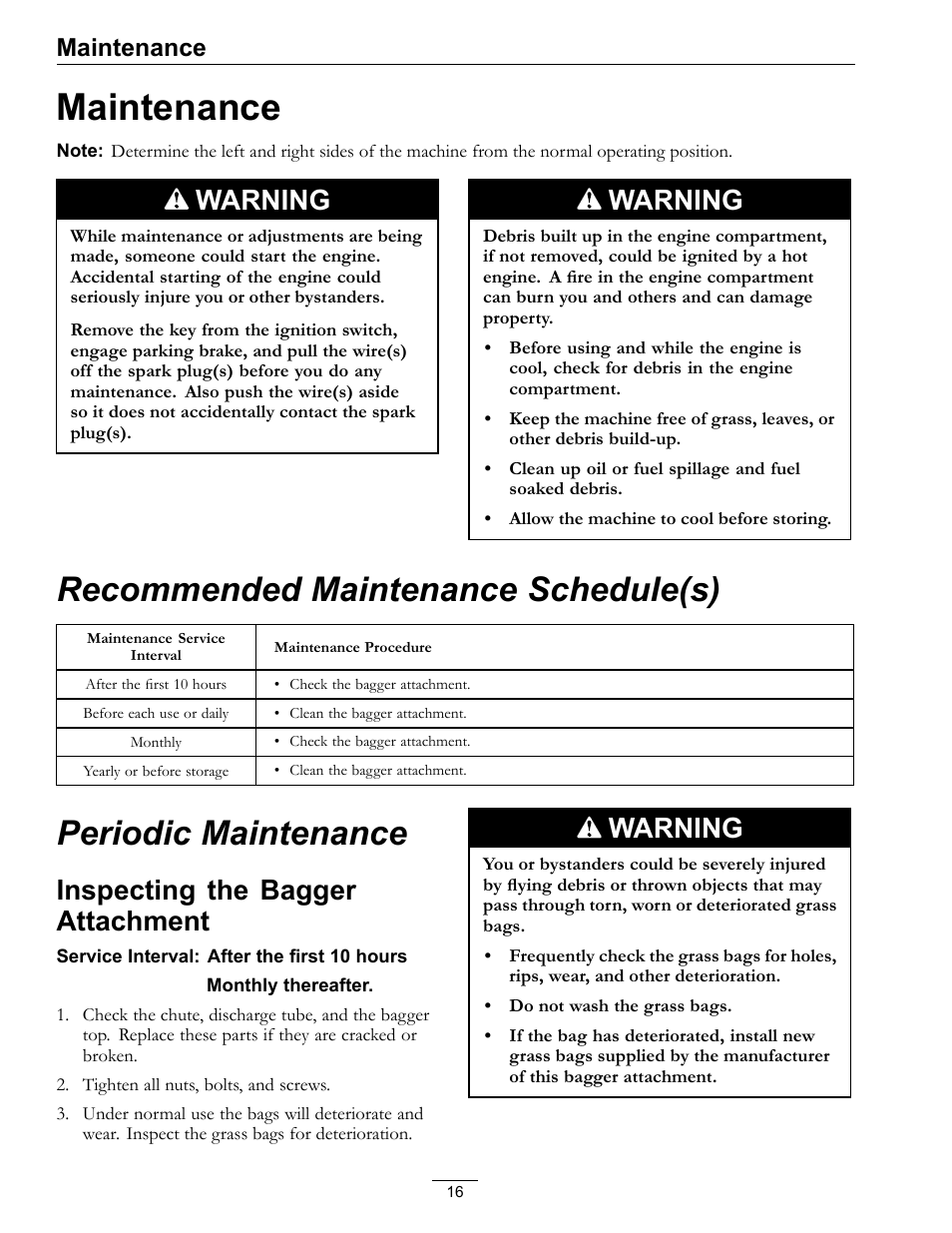 Maintenance, Inspecting the bagger attachment, Recommended maintenance schedule(s) | Periodic maintenance, Warning | Exmark Quest Bagger 4500-438 rev. a User Manual | Page 16 / 24