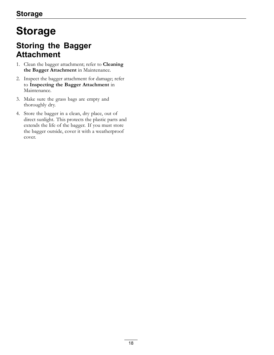 Storage, Storing the bagger attachment | Exmark Quest Bagger 4500-438 rev. a User Manual | Page 18 / 24