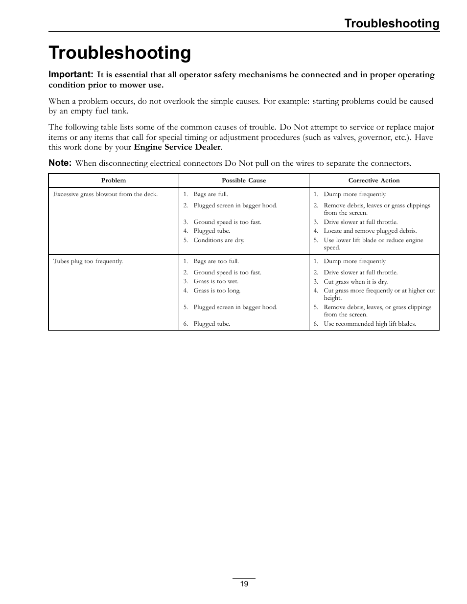 Troubleshooting | Exmark Quest Bagger 4500-438 rev. a User Manual | Page 19 / 24