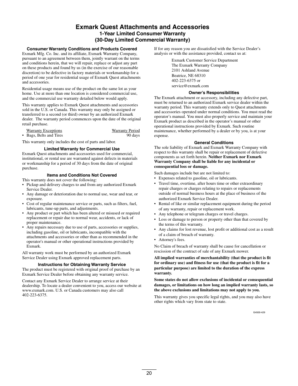 Exmark quest attachments and accessories | Exmark Quest Bagger 4500-438 rev. a User Manual | Page 20 / 24