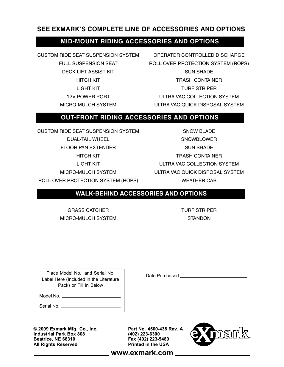 Mid-mount riding accessories and options, Walk-behind accessories and options, Out-front riding accessories and options | Exmark Quest Bagger 4500-438 rev. a User Manual | Page 24 / 24