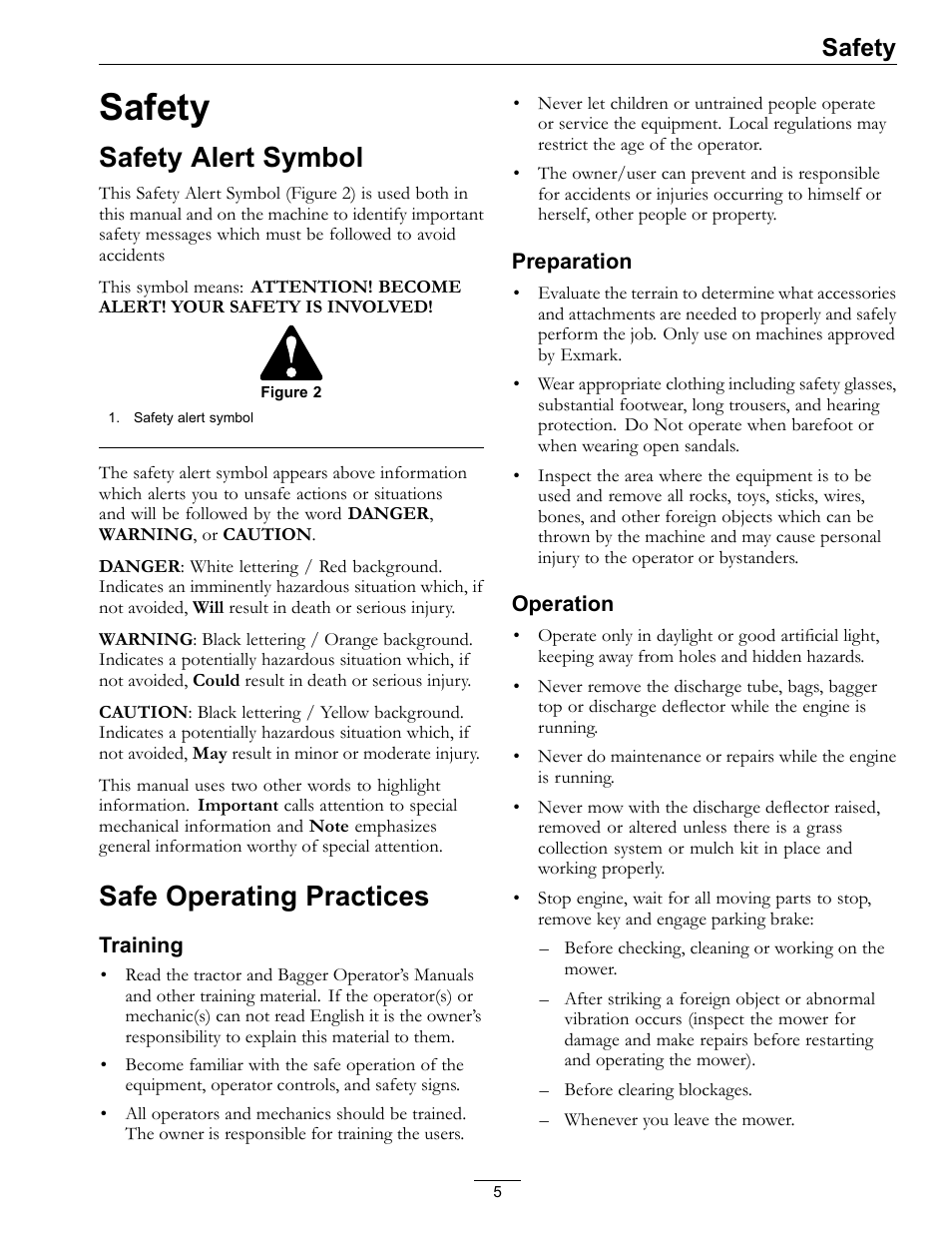 Safety, Safety alert symbol safe operating practices, Safety alert symbol | Safe operating practices | Exmark Quest Bagger 4500-438 rev. a User Manual | Page 5 / 24