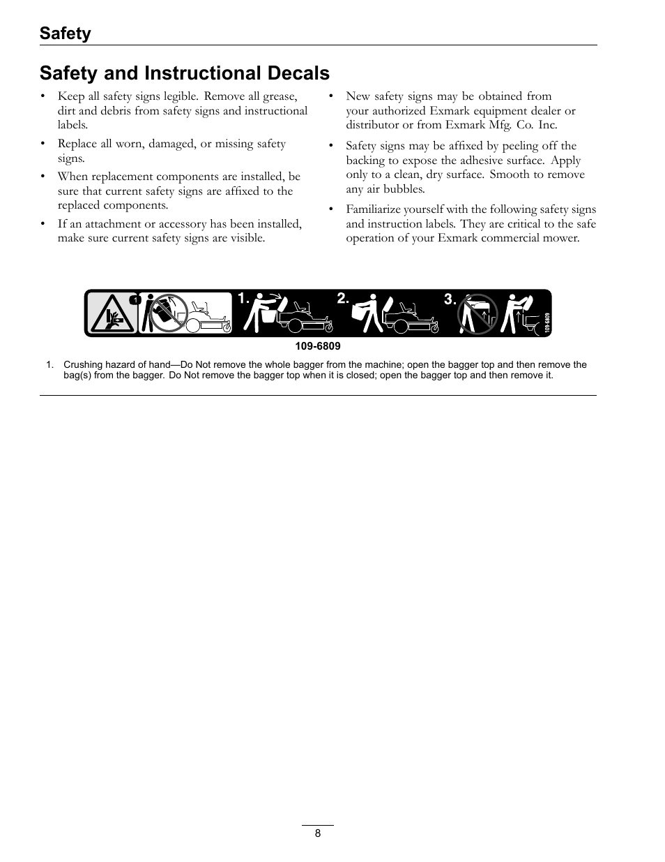 Safety and instructional decals, Safety | Exmark Quest Bagger 4500-438 rev. a User Manual | Page 8 / 24