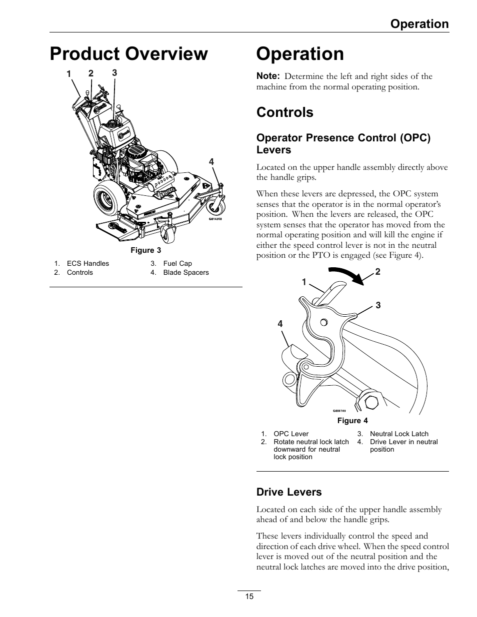 Product overview operation, Controls, Product overview | Operation, Operator presence control (opc) levers, Drive levers | Exmark Viking Hydro 920000 User Manual | Page 15 / 48