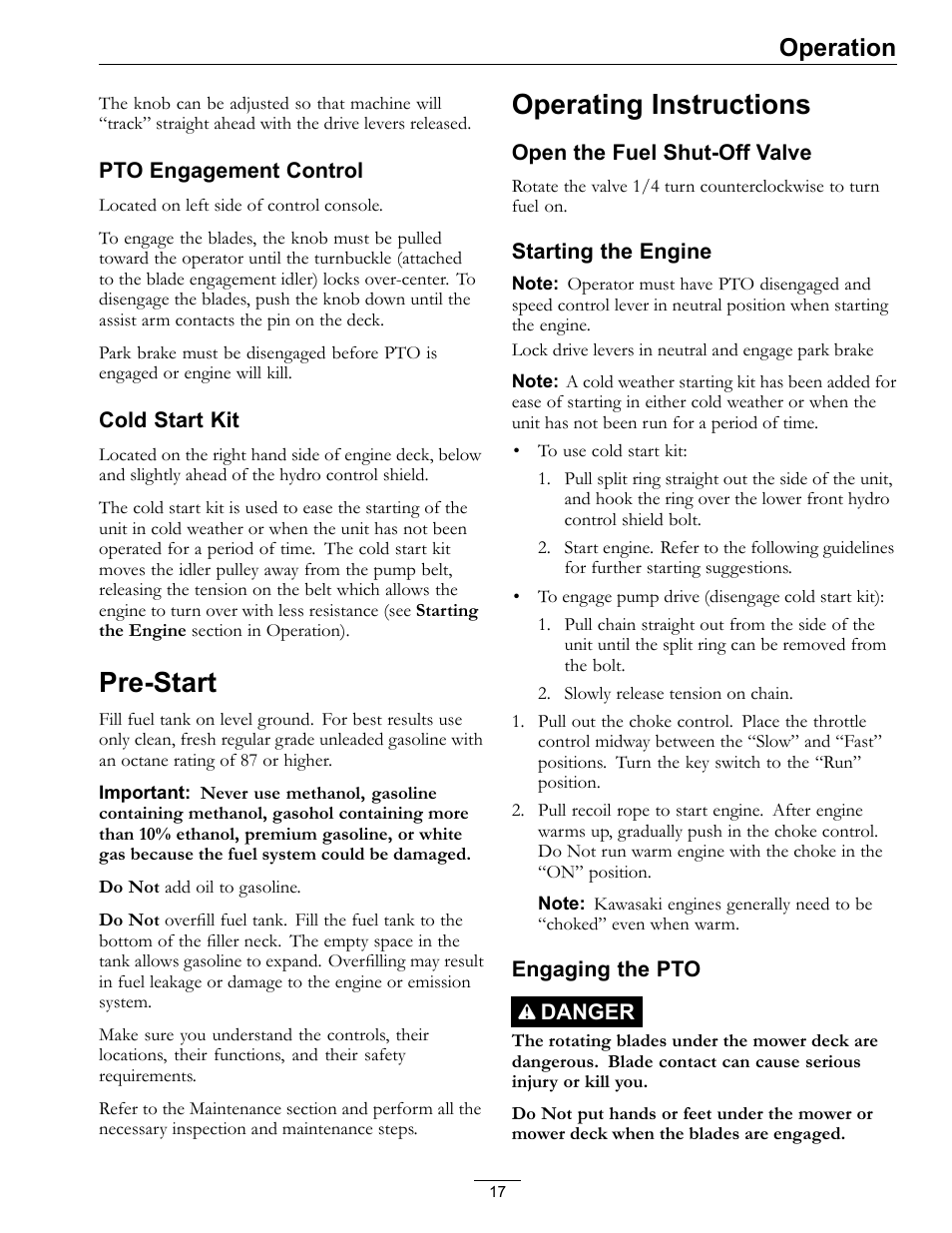 Pre-start operating instructions, Pre-start, Operating instructions | Operation | Exmark Viking Hydro 920000 User Manual | Page 17 / 48