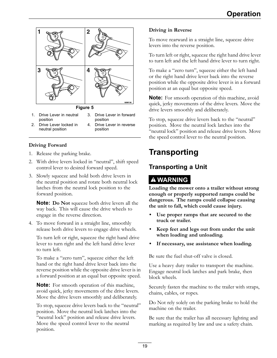 Transporting, Figure 5, Operation | Transporting a unit warning | Exmark Viking Hydro 920000 User Manual | Page 19 / 48