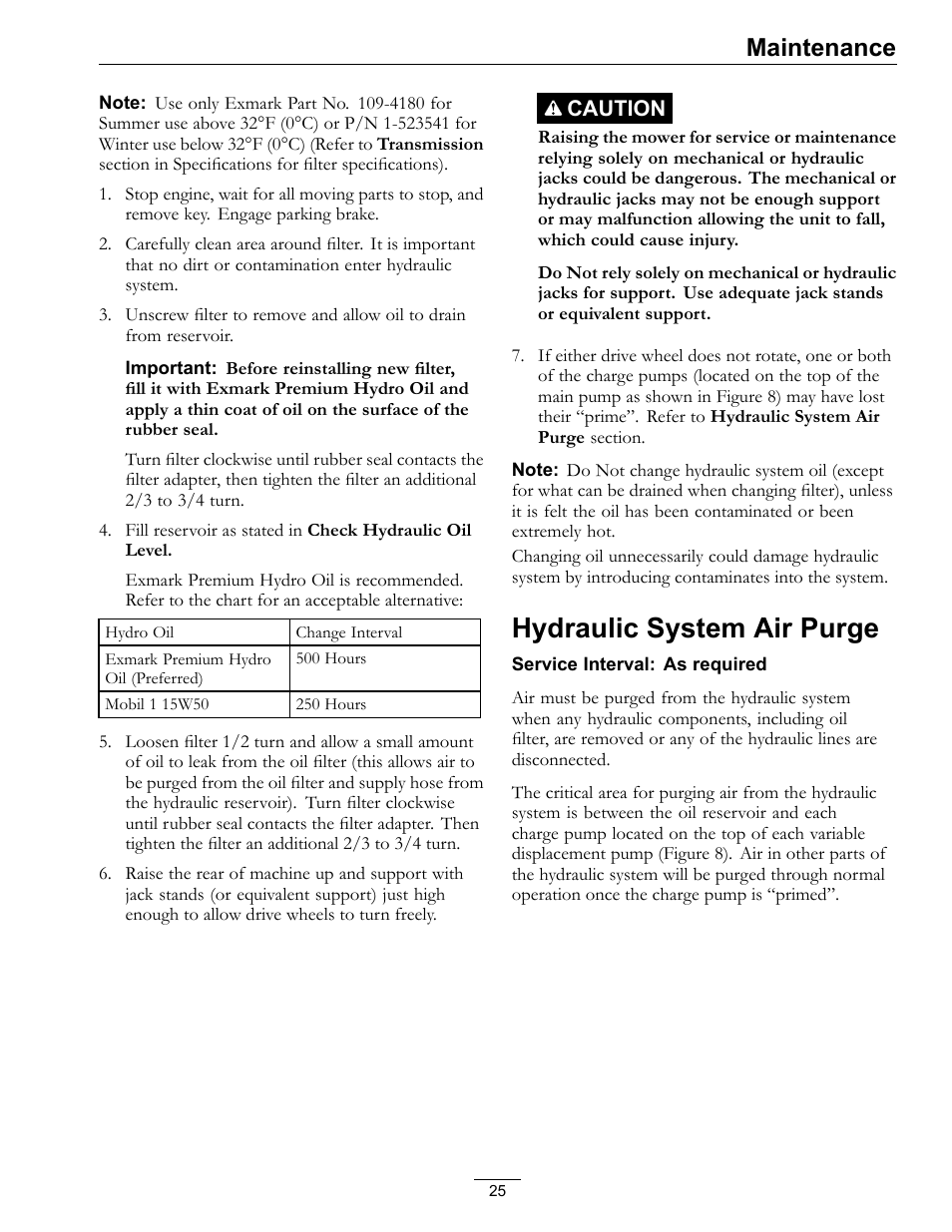 Hydraulic system air purge, Maintenance | Exmark Viking Hydro 920000 User Manual | Page 25 / 48