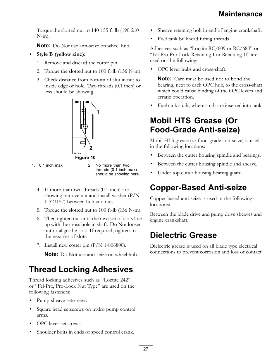 Anti-seize), Copper-based anti-seize dielectric grease, Thread locking adhesives | Mobil hts grease (or food-grade anti-seize), Copper-based anti-seize, Dielectric grease, Maintenance | Exmark Viking Hydro 920000 User Manual | Page 27 / 48