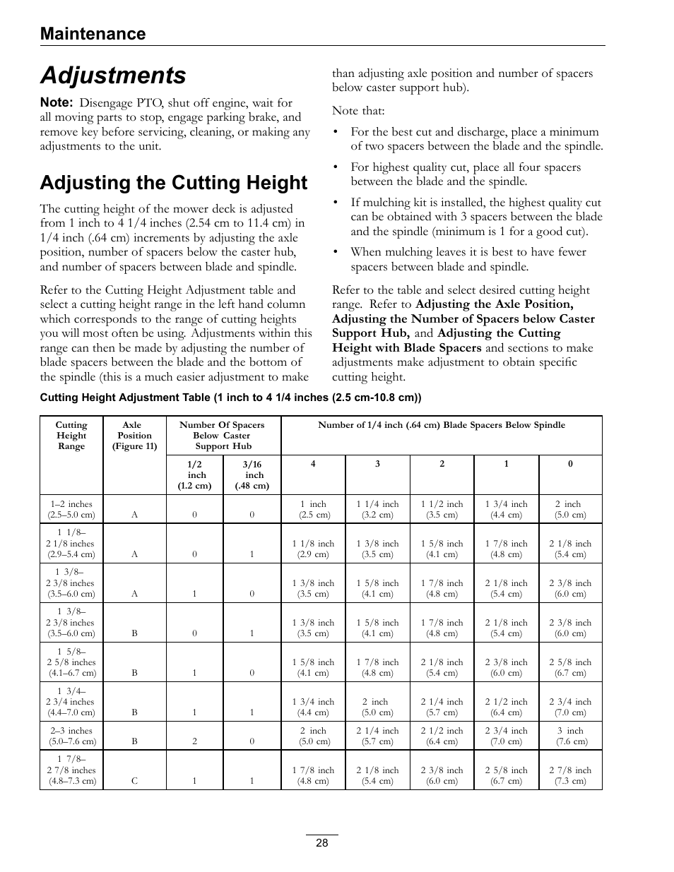 Adjustments, Adjusting the cutting height, Maintenance | Exmark Viking Hydro 920000 User Manual | Page 28 / 48