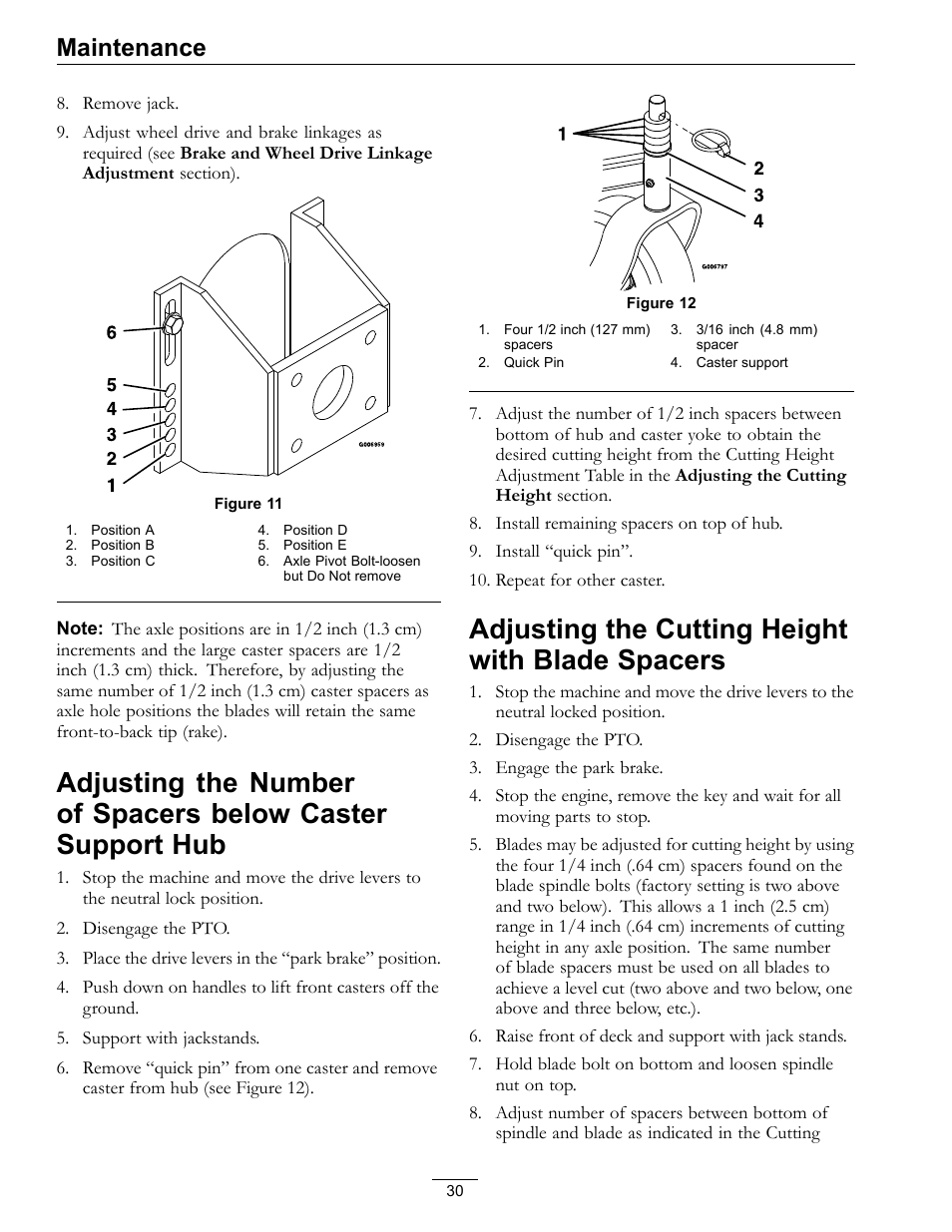 Adjusting the number of spacers below, Caster support hub, Adjusting the cutting height with blade | Spacers, Figure 11, Figure 12, Adjusting the cutting height with blade spacers, Maintenance | Exmark Viking Hydro 920000 User Manual | Page 30 / 48