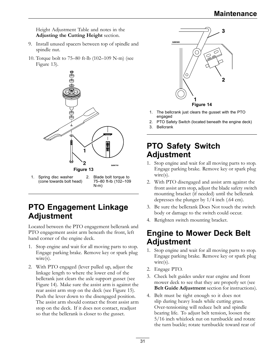 Pto engagement linkage, Adjustment, Pto safety switch adjustment | Engine to mower deck belt, Pto engagement linkage adjustment, Engine to mower deck belt adjustment, Maintenance | Exmark Viking Hydro 920000 User Manual | Page 31 / 48