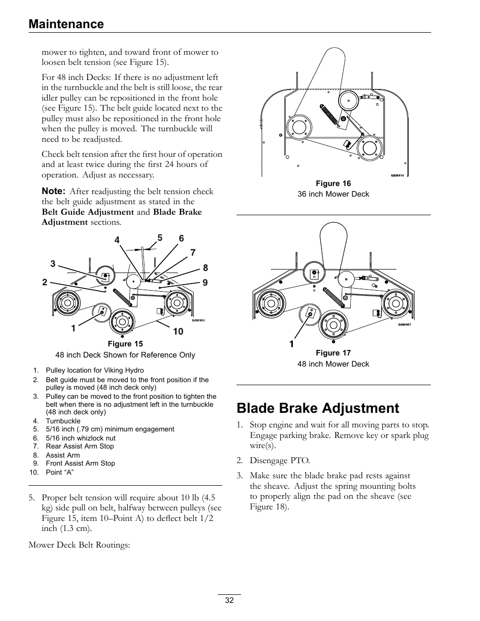 Blade brake adjustment, Maintenance | Exmark Viking Hydro 920000 User Manual | Page 32 / 48