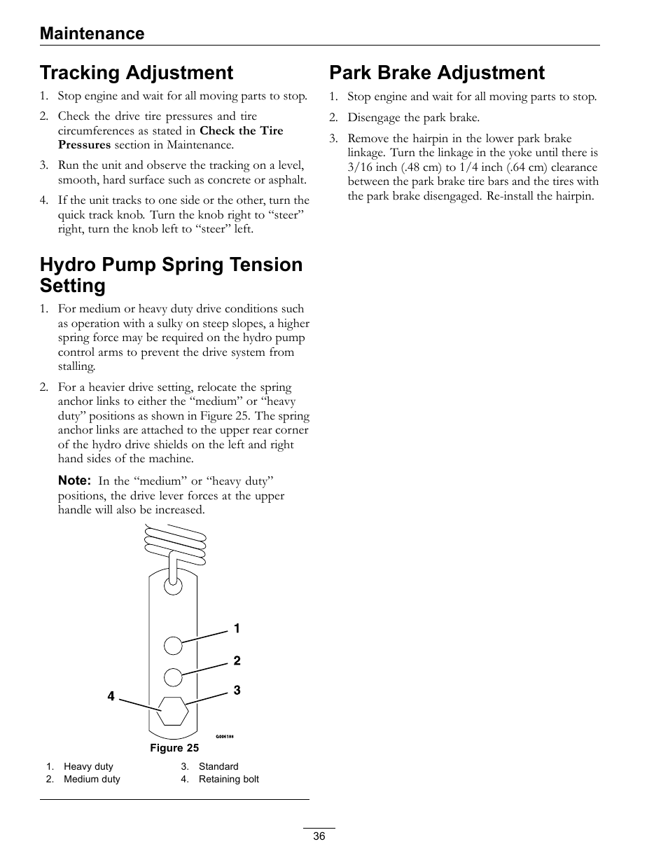 Tracking adjustment, Hydro pump spring tension setting, Park brake adjustment | Maintenance | Exmark Viking Hydro 920000 User Manual | Page 36 / 48