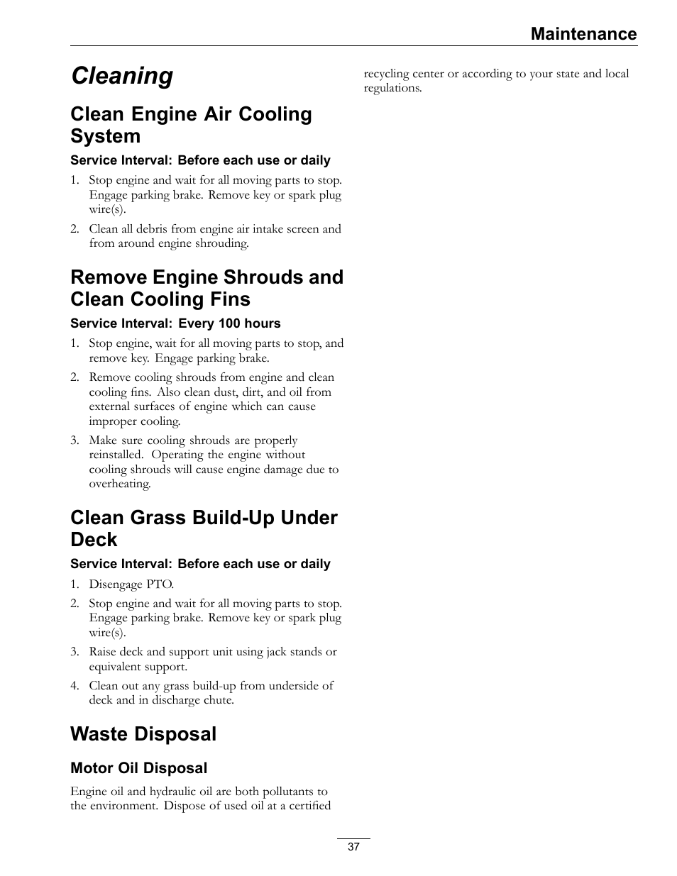 Cleaning, Fins, Clean grass build-up under deck waste disposal | Clean engine air cooling system, Remove engine shrouds and clean cooling fins, Clean grass build-up under deck, Waste disposal, Maintenance | Exmark Viking Hydro 920000 User Manual | Page 37 / 48