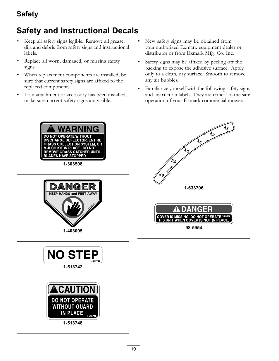 Safety and instructional decals, Safety | Exmark Lazer Z SX Diesel Models 4500-501 Rev A User Manual | Page 10 / 60