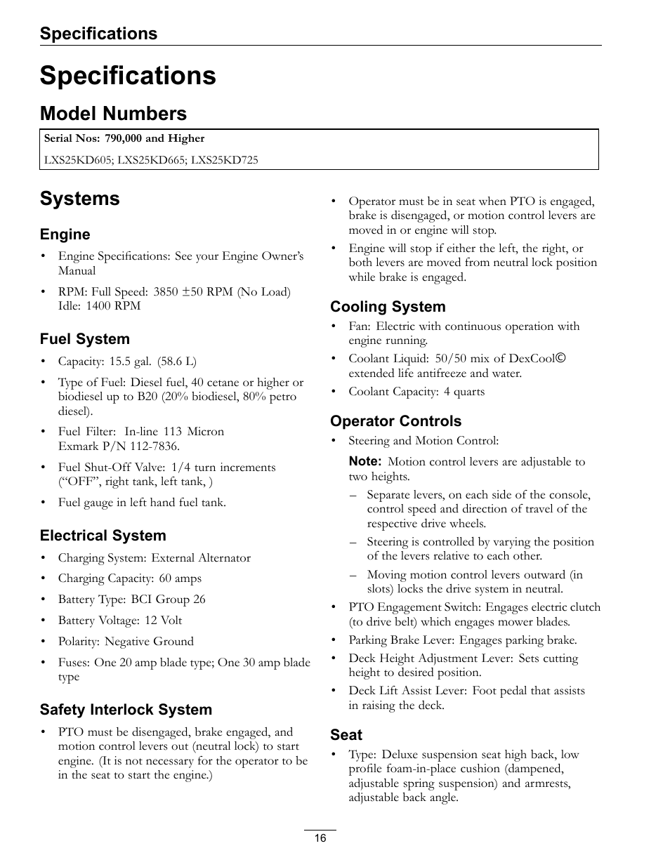 Specifications, Model numbers systems, Model numbers | Systems | Exmark Lazer Z SX Diesel Models 4500-501 Rev A User Manual | Page 16 / 60