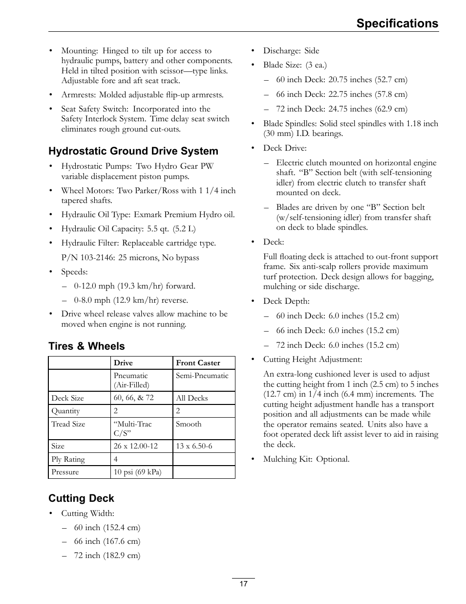 Specifications | Exmark Lazer Z SX Diesel Models 4500-501 Rev A User Manual | Page 17 / 60